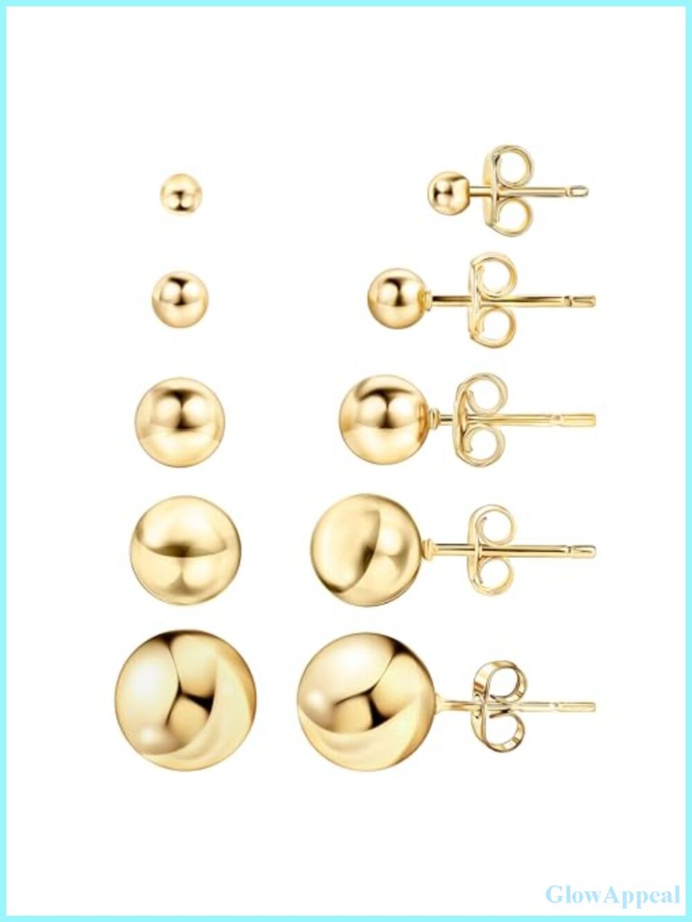 5 Pack 18K Gold Plated Ball Stud Earrings 3-10mm Hypoallergenic Gift